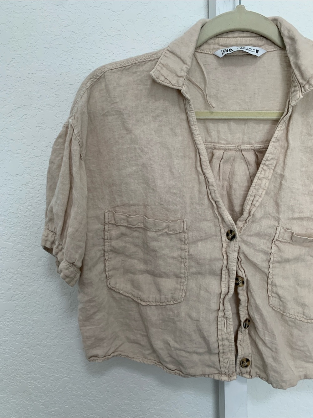 Zara Beige Cropped Linen Short Sleeve Button-Front Top - Picture 3 of 7